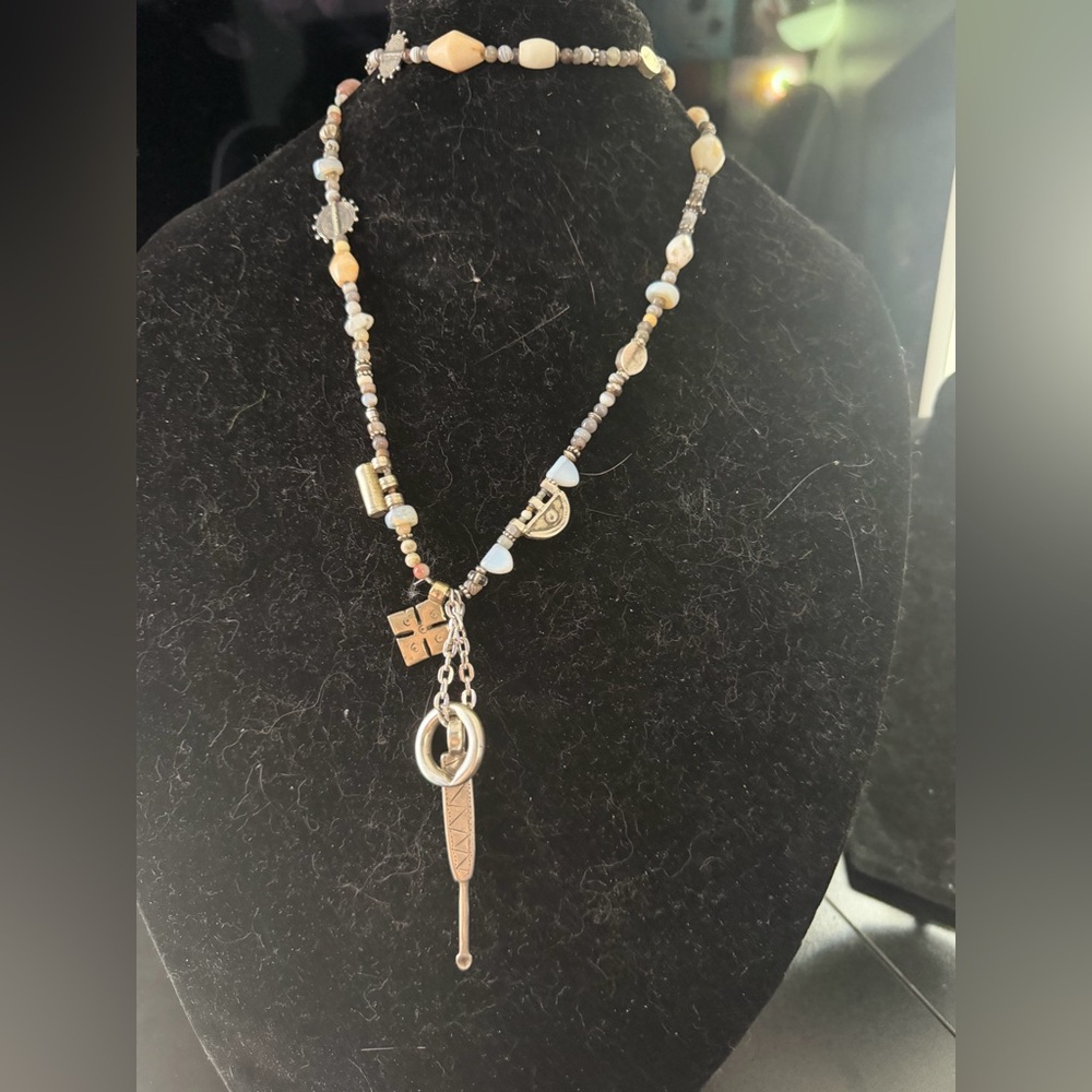 Handcrafted Beige and Silver Beaded Charm Necklace